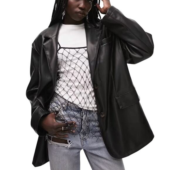 Topshop Black Vegan Faux Leather Oversized Button Front Blazer Jacket w Pockets - Picture 1 of 11